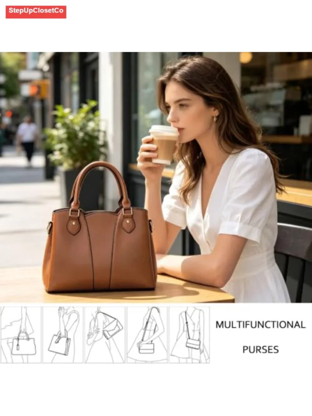 Vegan Leather Crossbody Satchel Tote Handbag with Zipper, Adjustable Strap